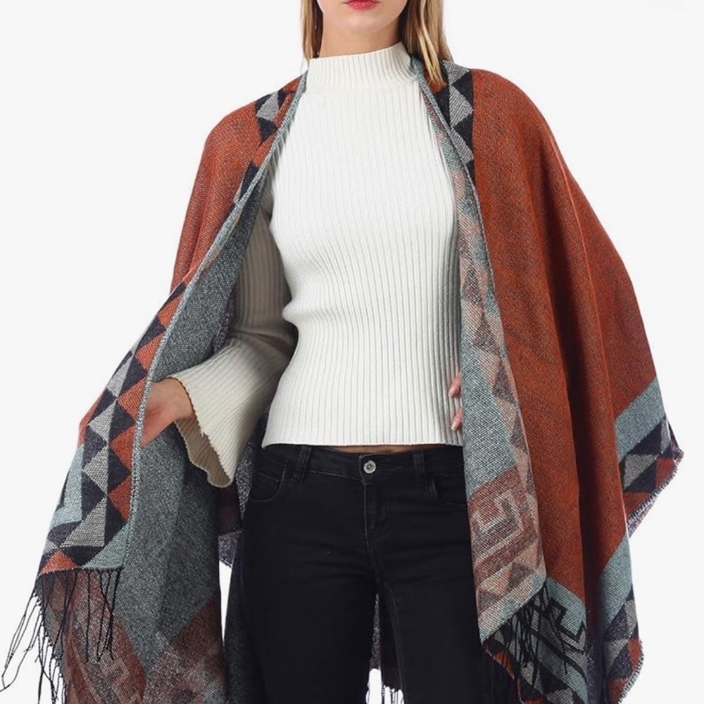 Moss Rose Southwest Aztec Blanket Wrap Shawl Poncho Burnt Orange Gray OS NWT - Picture 5 of 8